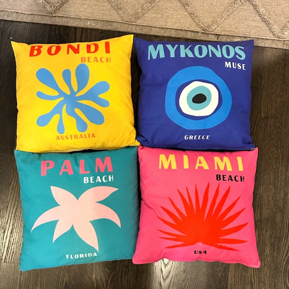 Set of 4 Decorative Miami Beach, Palm Beach, Bondi Beach & Mykonos Pillows